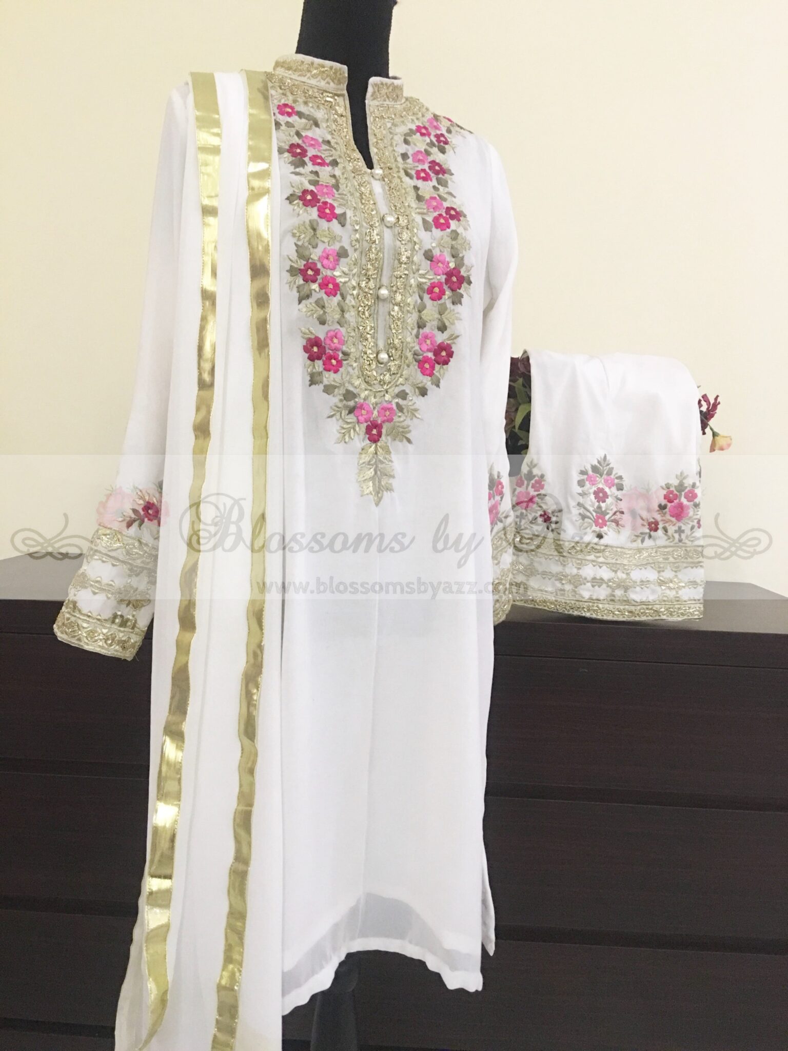 1AD45E7C-EF55-44E0-83AB-FE7848A78BA0 Georgette Dress With Thread & Gota Work - Blossoms by Azz