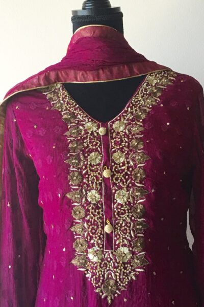 Maroon & Gold Pure Chiffon Outfit - Blossoms by Azz