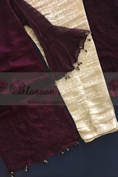 Dark Purple Organza Suit with Jamawar Pants - Blossoms by Azz