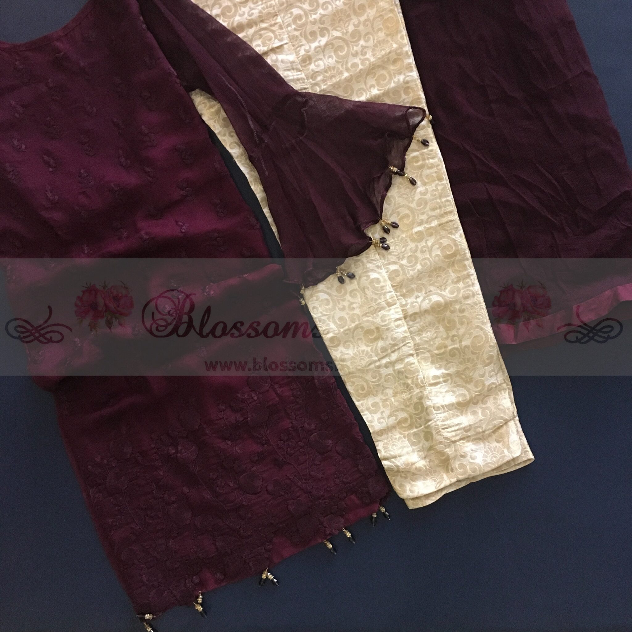 6372D4F7-E31E-48E1-B6BA-06A021AFA765 Dark Purple Organza Suit with Jamawar Pants - Blossoms by Azz