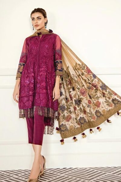 Baroque Embroidered Chiffon Stitched 3 Piece Suit BQ19-C6 01 CERISE - Luxury Collection - Blossoms by Azz