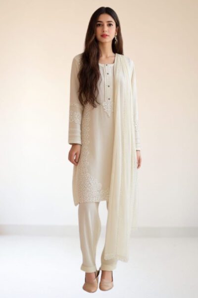 Portia Fabrics - Off White Chiffon Suit