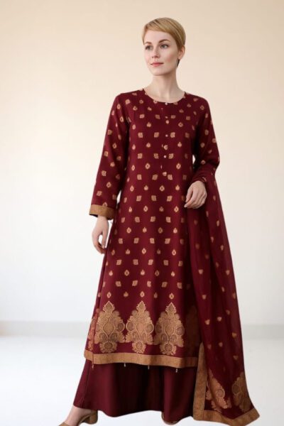 Portia Fabrics - Maroon Banarsi Organza Suit