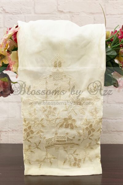 Straight Pants - Off White - Embroidered Silk - Blossoms by Azz