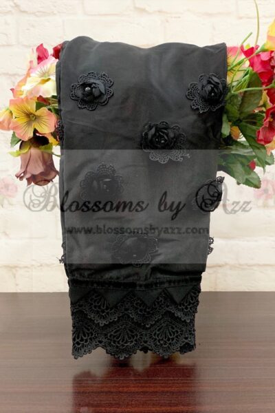 Straight Pants - Black - Embroidered Silk with 3 D Flowers - Blossoms by Azz
