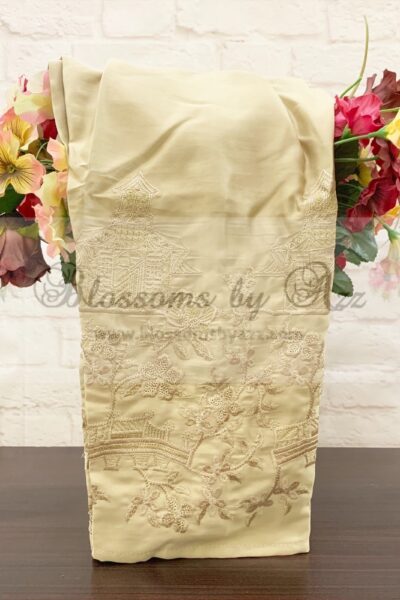 Straight Pants - Golden- Embroidered Silk - Blossoms by Azz