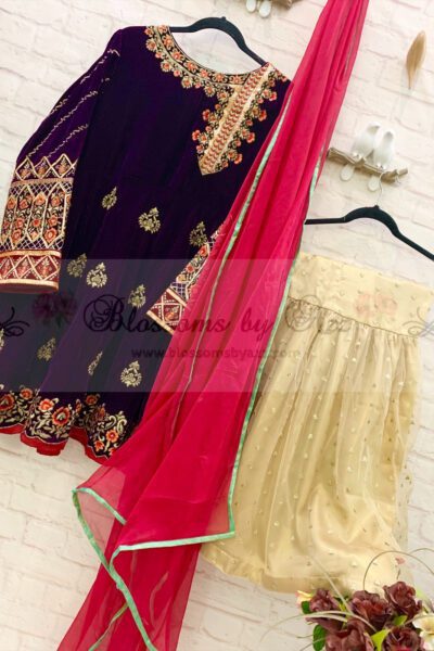 Embroidered Velvet Peplum with Gharara Outfit - Blossoms by Azz