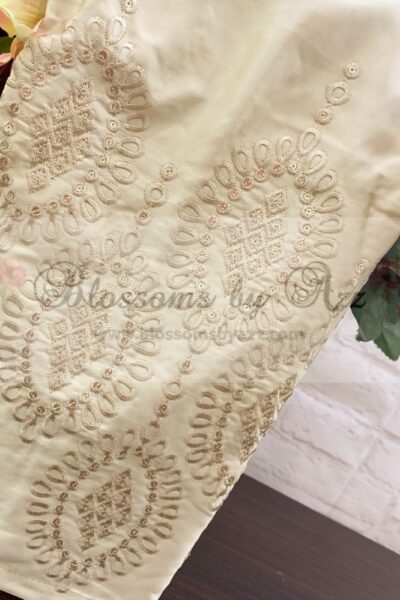 Straight Pants - Golden- Embroidered Silk - Blossoms by Azz