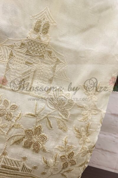 Straight Pants - Off White - Embroidered Silk - Blossoms by Azz