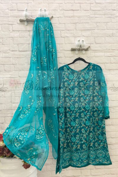 Agha Noor Shirt with Agha Noor Dupatta & Plain Straight Pants - Sea Green - Blossoms by Azz