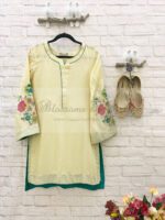 Lemon Cotton Silk Kurti With Zari & Thread Work - Blossoms by Azz